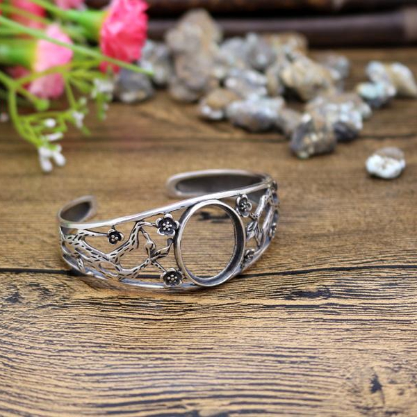 Art Deco 18x22mm Oval Cabochon Semi Mount Bangle 925 Sterling Silver Fashion Vintage Antique Women Flower Fine Silver