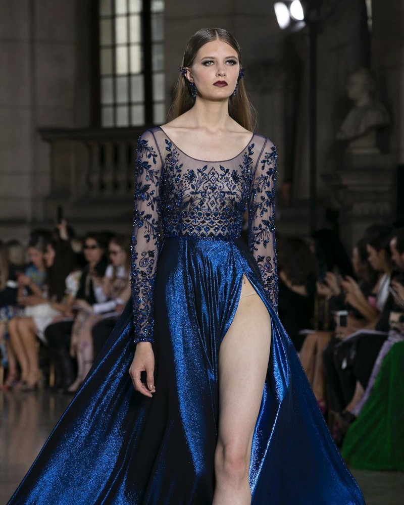 Zuhair Murad Sexy Prom Dresses Side Split Sequins Crystal Luxury Long Sleeve Evening Dress Jewel Neck Sweep Train Formal Party Plus Size