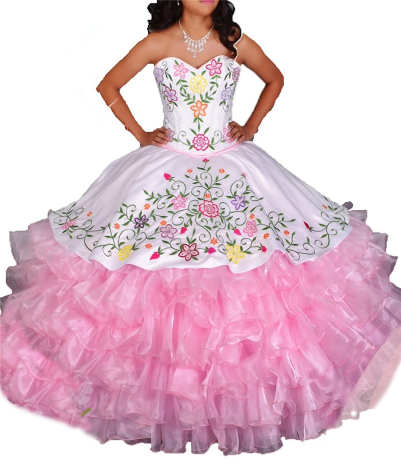 new sexy pink embroidery ball gown quinceanera dresses with tiered organza plus size sweet 16 dress vestido debutante gowns bq46