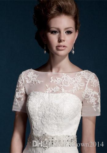 Sheer Scoop/V-neck/High/Bateau Neck Long Sleeve Covered Buttons Lace Applique Bridal Wraps & Jackets For Wedding Dresses Bridal Accessories