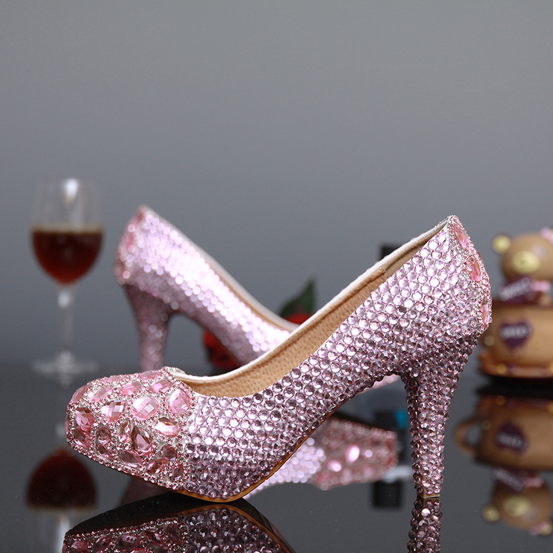 2021 New Arrival Pink Wedding Shoes with Heavy Rhinestones High Heels 14cm 12cm 10cm 8cm Large Size Beautiful Party Shoes