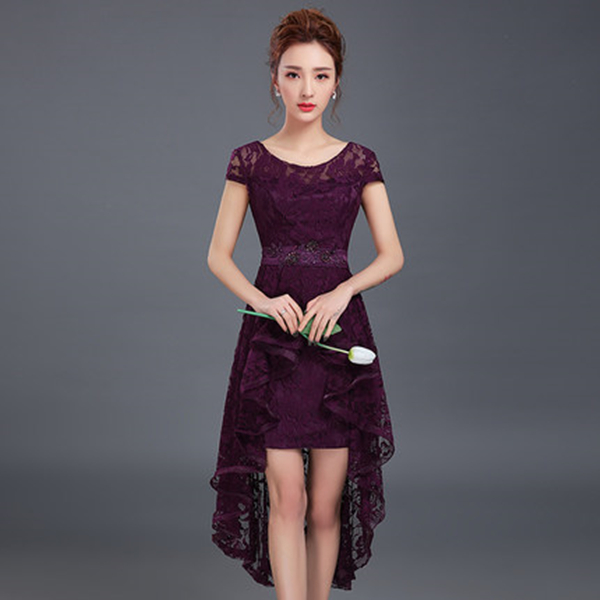 Romantic Lace High Low Bridesmaid Dress Lace Up Purple 2017 Elegant Party Dress Short Front Long Back