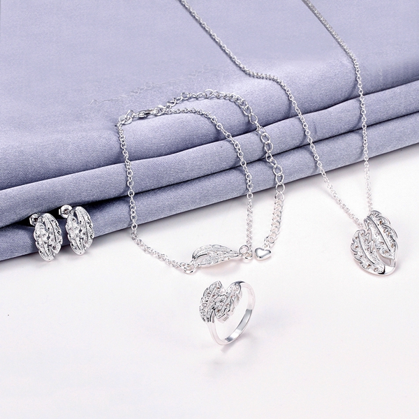 Hot sale fashion 925 silver feather necklace bracelet earring ring a famliy of four jewelry sets STSS074A sterling silver blue gemstone