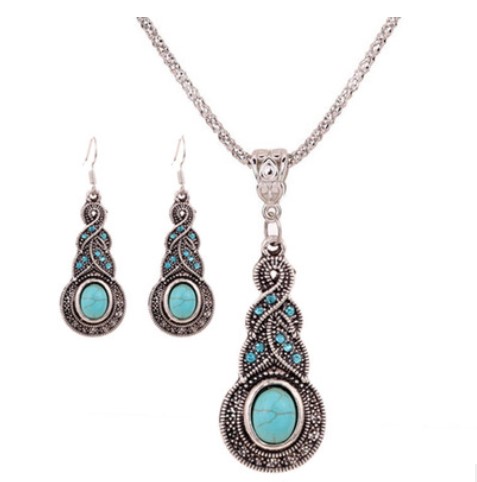 Fashion Jewelry Exaggerated Vintage National Style Turquoise Owl Gourd Butterfly Heart Necklace Earrings Jewelry Set Rhinestone Jewelry Set