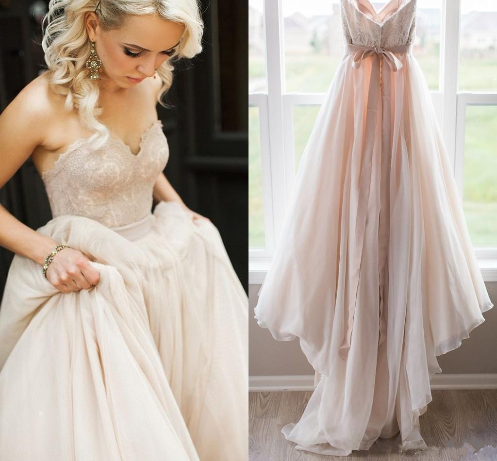 Blush Pink Lace Top Wedding Dresses Sweetheart Backless Bow Sash Boho Wedding Gowns Robe de Mariage Bridal Dress, Red