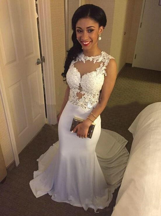 Evening Dresses Wear 2016 Jewel Neck White Lace Appliques 2K16 Prom Dress Mermaid Illusion Sheer Back Long Court Train Formal Party Gowns