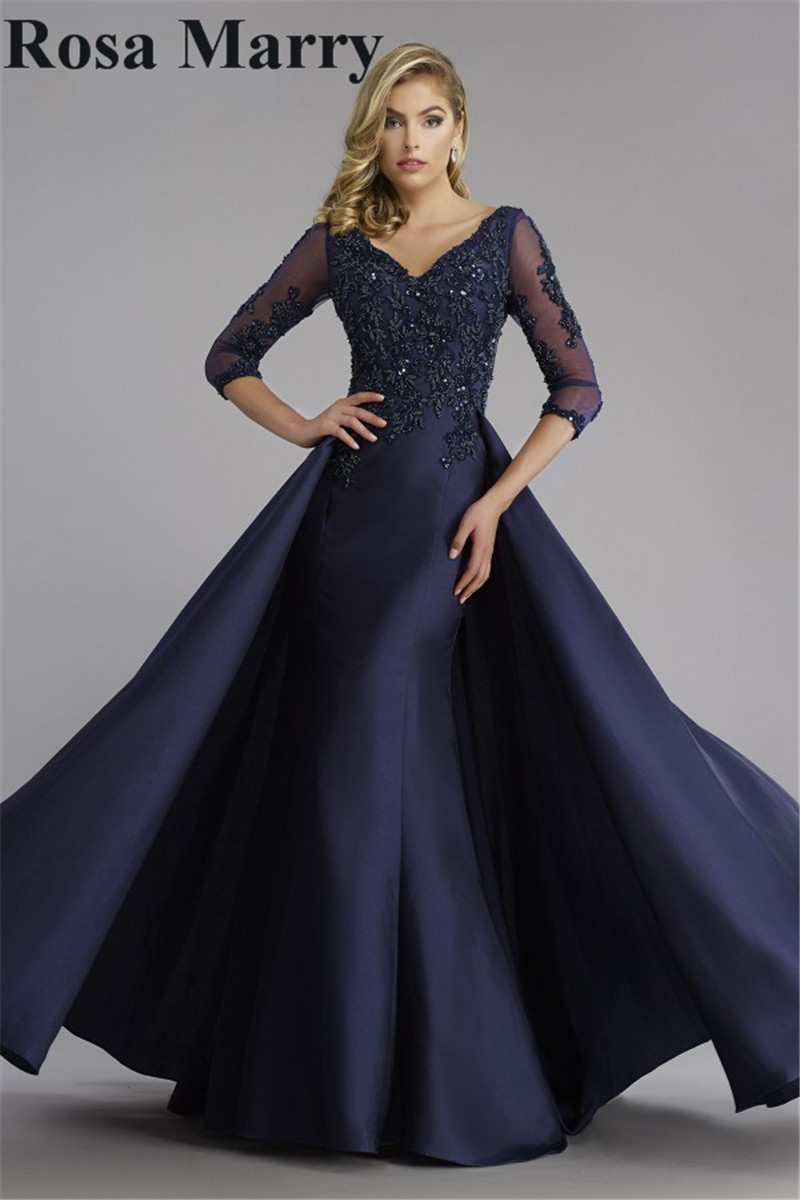 Champagne Overskirt Mermaid Mother Of the Bride Dresses 2020 Elegant Vintage Lace Long Sleeves Plus Size Peplum Women Formal Evening Gowns