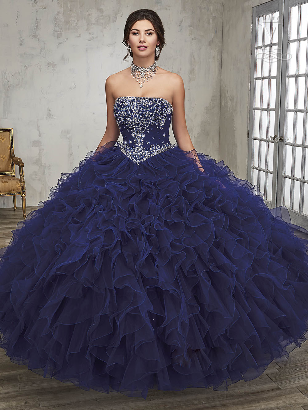 

Sparkling Navy Blue Prom Dresses Ball Gown Quinceanera Dresses Strapless Lace-up Backl Pleats Organza Shining Sequins Beads Top, Dark navy
