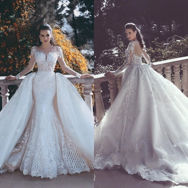 Luxurious New Bridal Sheer Long Sleeves Vestidos Novia Mermaid Wedding Dresses With Detachable Skirt Full Lace Bridal Gowns Backless BA7402, Silver
Luxurious New Bridal Sheer Long Sleeves Vestidos Novia Mermaid Wedding Dresses With Detachable Skirt Full Lace Bridal Gowns Backless BA7402, Silver