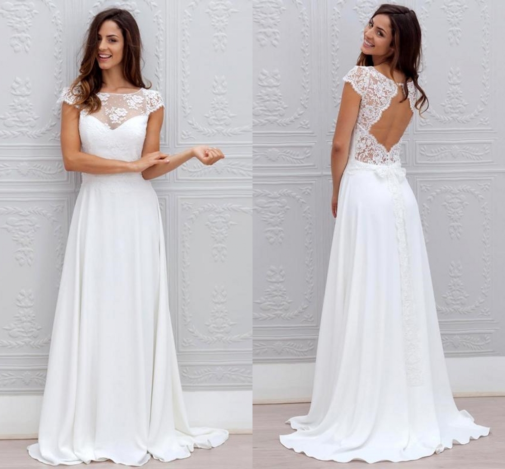 Bohemian White Wedding Dress Lace Chiffon Open Back With Cap Sleeves Sheer Neck Sweep Train Beach Bridal Wedding Gowns