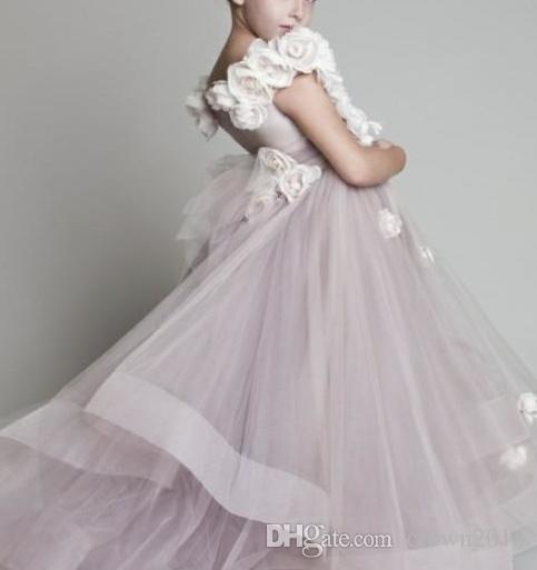 Flower Girl Dresses For Weddings New Tulle Ruffled Handmade Flowers One shoulder Pageant Dresses For Little Girls Glitz Kids Prom Dresses