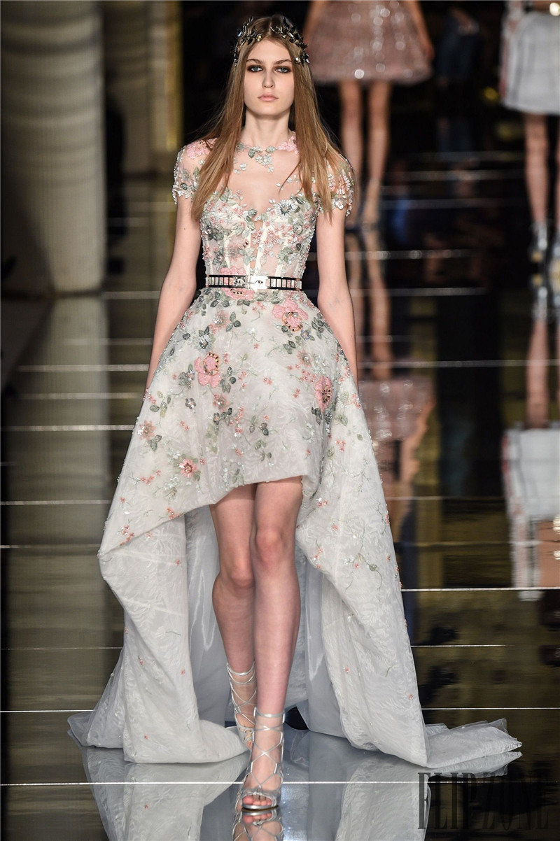 Zuhair Murad High Low Prom Dresses With Short Sleeves Sheer Jewel Neck A-Line Lace Formal Gowns Flowers Appliqued Party Dress For Women