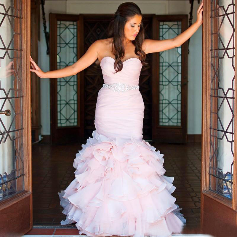 2016 Bush Pink Organza Mermaid Wedding Dresses Sexy Sweetheart Cascading Ruffles Beaded Sash Tiered Bridal Gowns Custom Made China EN10141