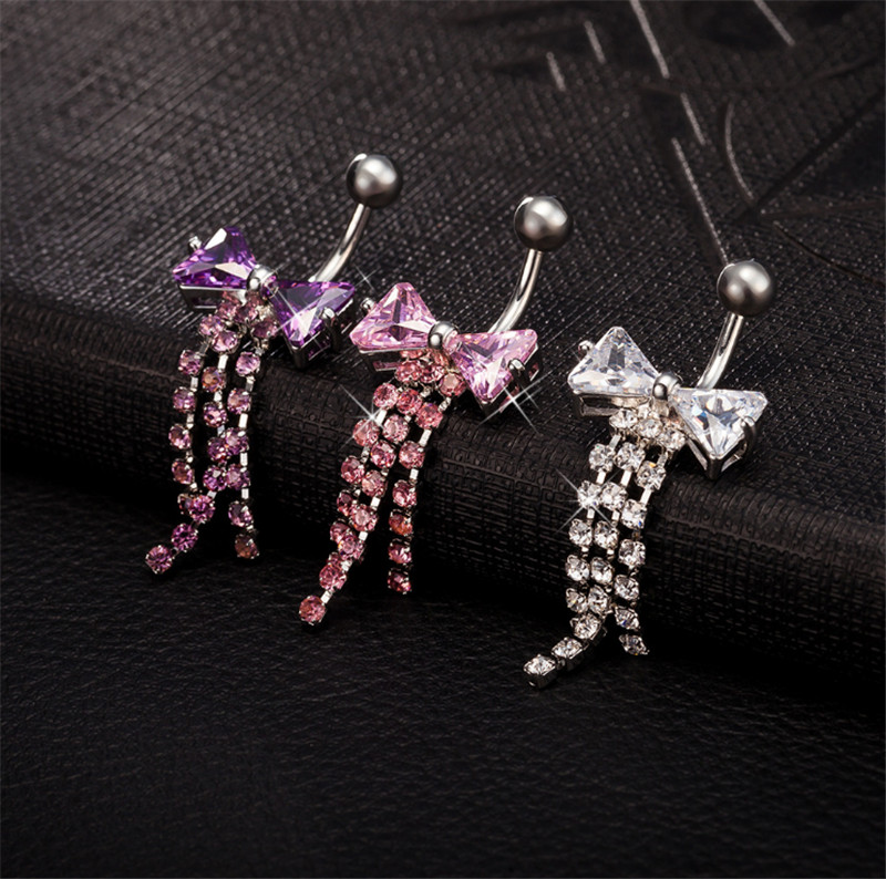 Women Lovery Body Piercing Dangle Navel Ring White Gold Plated Bowknot Tassles Belly Dance Ring for Girls Women