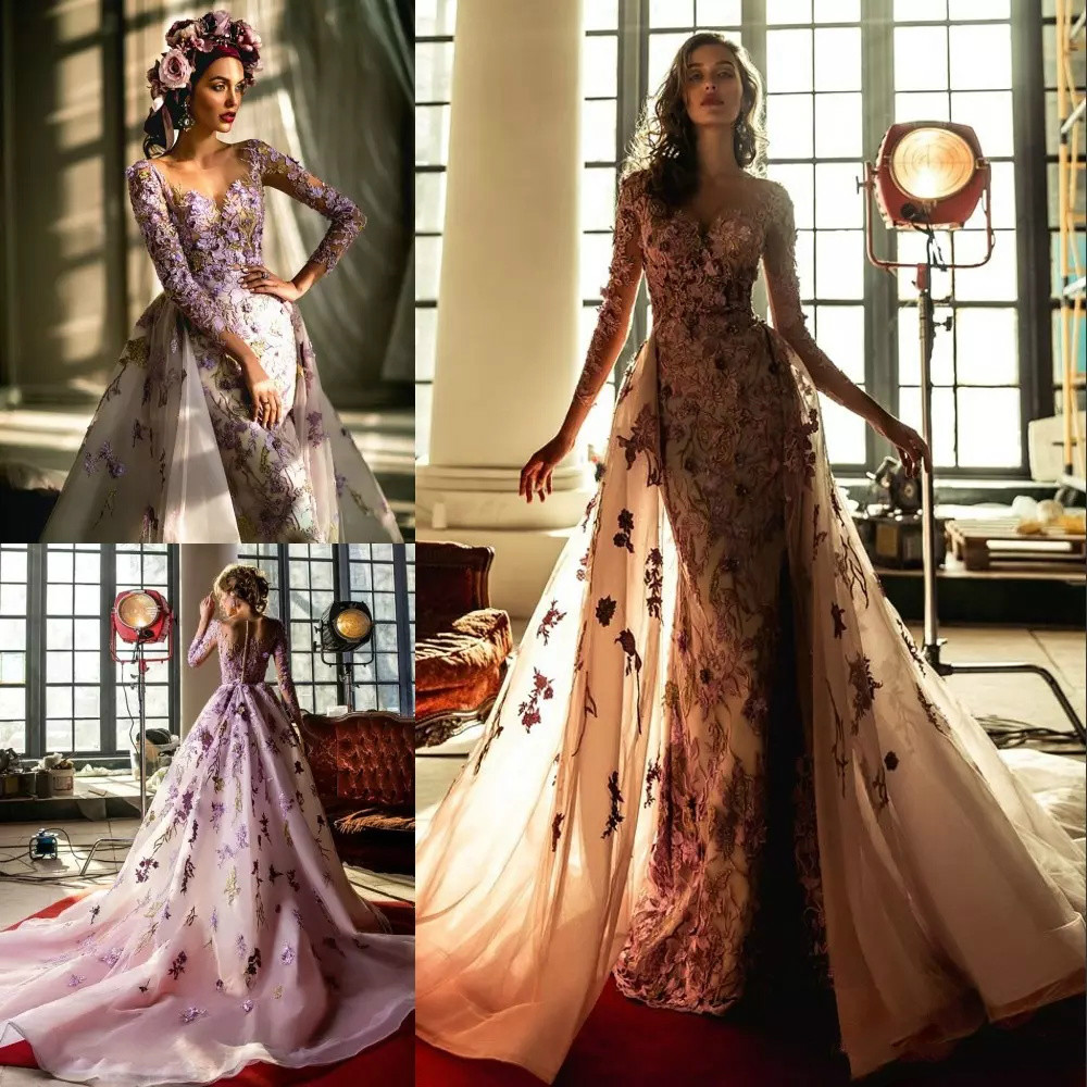 Purple Applique Mermaid Evening Dresses With Detachable Train Sheer Jewel Neck Lace Applique Beads Long Sleeve Prom Dress Sweep Train Plus