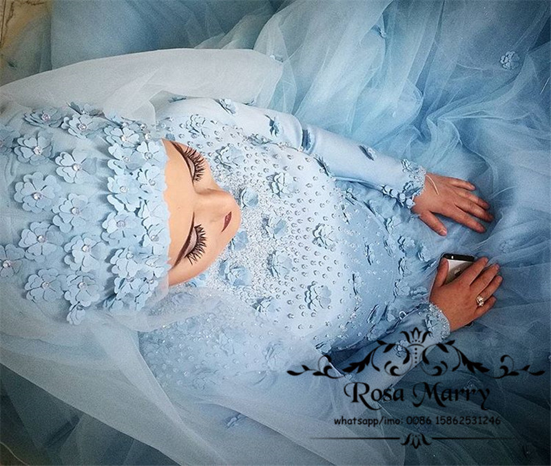 Light Blue Islamic Hijab 3D Floral Wedding Dresses 2020 Ball Gown High Neck Long Sleeves Beaded Plus Size Country Kaftan Abayas Bridal Gowns