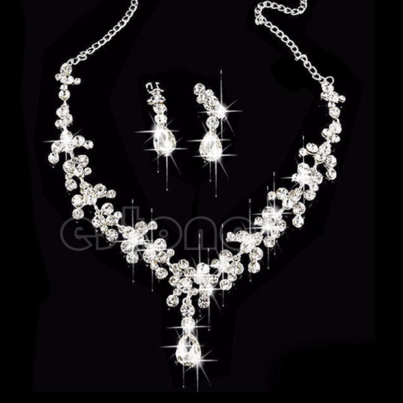 New Women Fashion Bridal Jewelry Rhinestone Crystal Drop Necklace Earring Plated Jewelry Set Ear Clip Needle Wedding Earrings Pendant