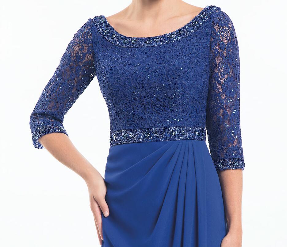 Stunning Royal Blue Mother of The Bride Dresses lace top with beaded neckline 3/4 sleeves pleated skirt with elegant evening formal dresses