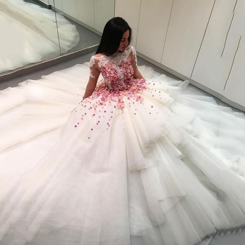 Real Image Ball Gown Wedding Dress Jewel Neck 3D Floral Appliques Long Sleeves Floor Length Dubai Said Bridal Gowns Vestidos De Novia