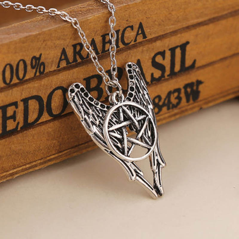 Wholesale-Retro Supernatural Pentagram Castiel Wing Angel Wicca Talisman Pendant Necklace Charms Women Men Jewelry Gifts Chain, Silver
Wholesale-Retro Supernatural Pentagram Castiel Wing Angel Wicca Talisman Pendant Necklace Charms Women Men Jewelry Gifts Chain, Silver