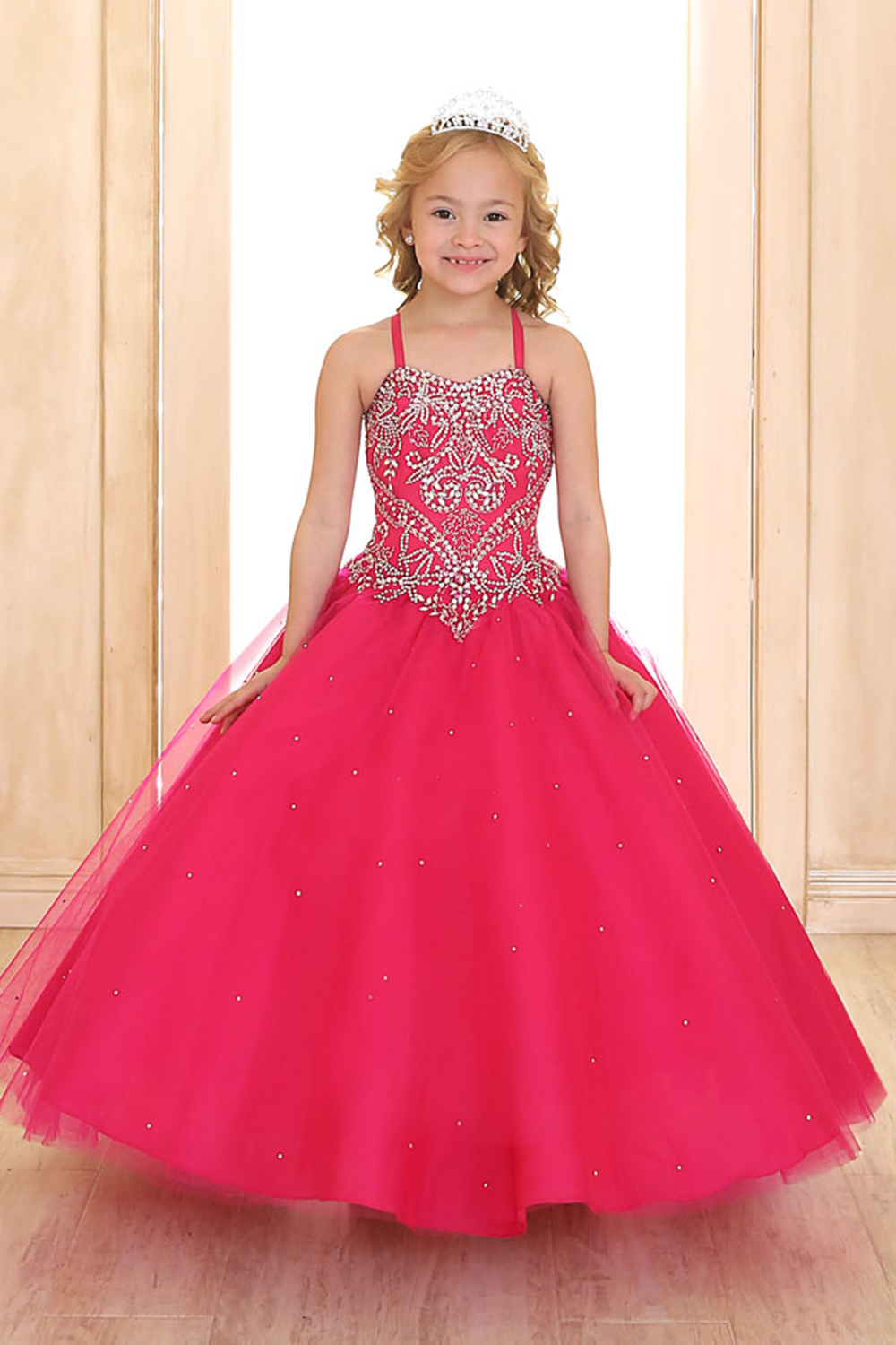 Red Princess Ball Gown Little Girls Pageant Dresses with Short Lovely Bolero Jacket Beaded Crystal Floor Length Tulle Kids Puffy Party Dress