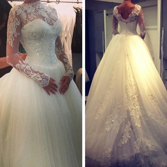 Luxury High Neck Sheer Lace Long Sleeves Wedding Dresses Backless A-Line Tulle Applique Beaded Court Train Bridal Gowns Custom Made, Champagne
Luxury High Neck Sheer Lace Long Sleeves Wedding Dresses Backless A-Line Tulle Applique Beaded Court Train Bridal Gowns Custom Made, Champagne