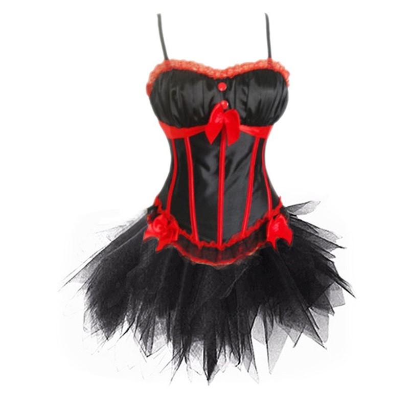 Big Plus Size 6XL Frilly Bustline Lace Bow Burlesque Valentine Halterneck Corset with Tulle Tutu Skirt Dance Corset Costume Dress Outfit
