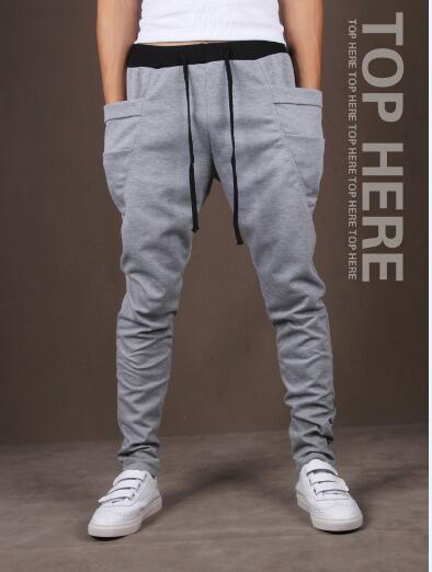 Wholesale- Unique Design Harem Pants Men's Elastic Waist Sports Pants Korean Cool Slim Fit Sweatpants Drop Crotch Pants Men black