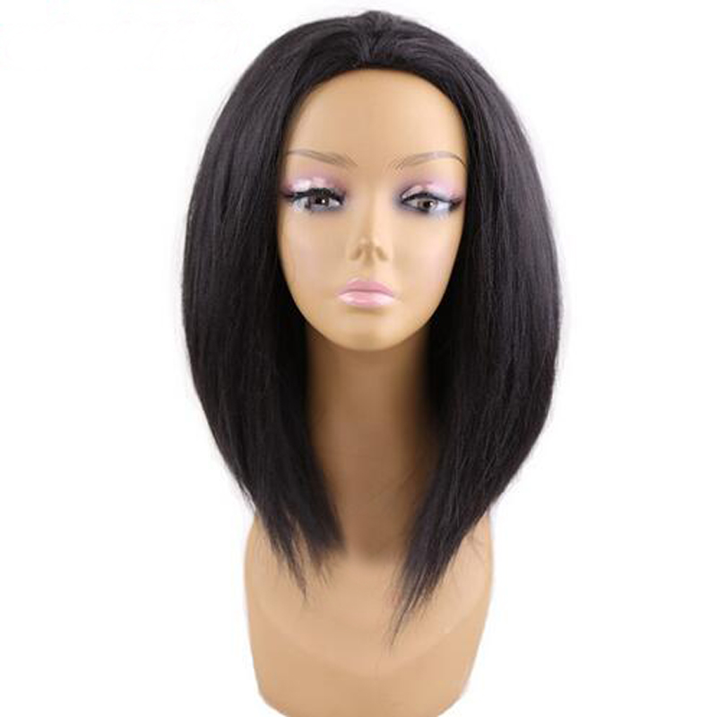 Fashion Wholesale price Natural black Yaki straight Full wigs for black women synthetic hair 12 inch cosplay wig