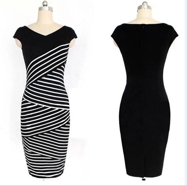 Elegant Women Summer V Neck Dress Black and white stripe Stitching Pencil Dresses Lady Knee-Length Party Bodycon Dress