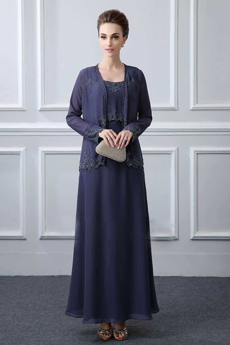 Lace Applique Mother Of The Bride Dresses With Jacket Chiffon Floor Length Mother Bride Dress Long Sleeve Plus Size Mother Of Groom Gowns