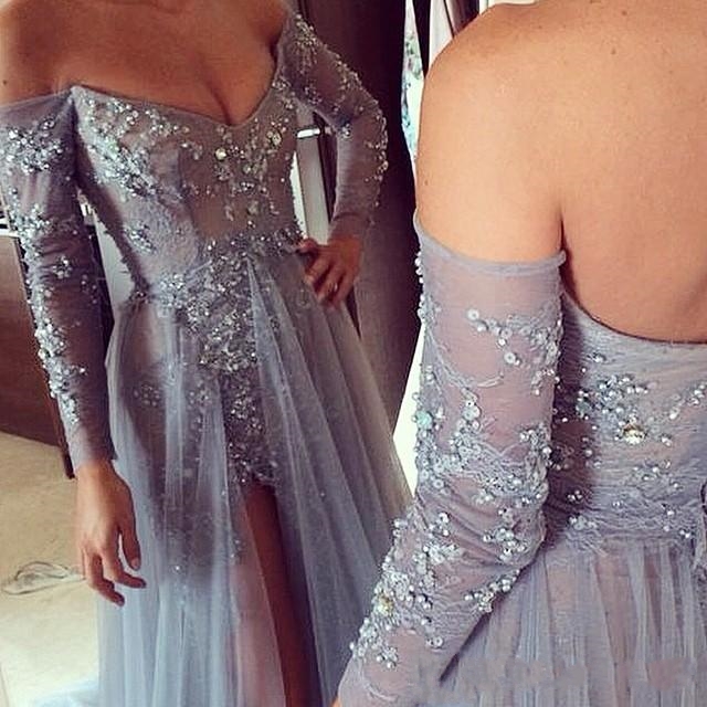 Long Sleeve Off Shoulder Tulle Lace Evening Dress Sweep Train Applique A-line Grey Sexy Formal Prom Gowns with Side Slit