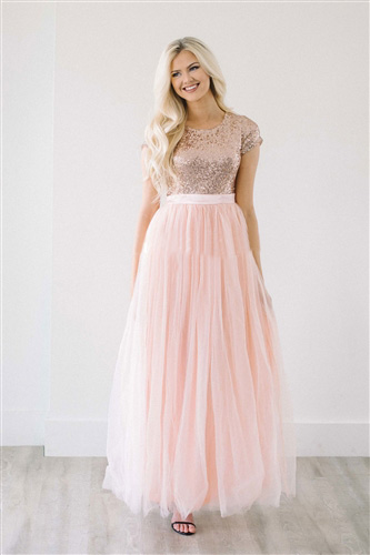 Latest 2017 Light Peach Tulle Sequined Top Bridesmaid Dresses Long Cheap Short Sleeve Pleats Ankle Length Maid Of Honor Gowns Custom EN10114