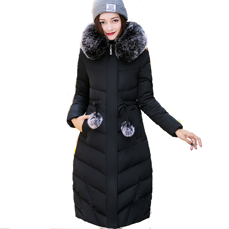 With fur hooded long coat women parkas warm cotton padded solid winter jacket women hooded thicken casaco feminina inverno q171118