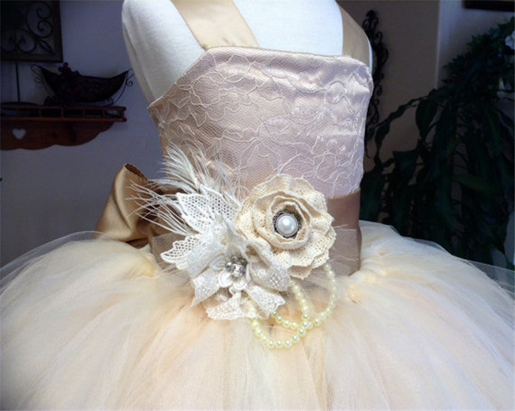 Sexy Princess Lace Ball Flower Girl Dress with Bow Beading Tulle Girls Pageant Gown First Communion Dresses BF25