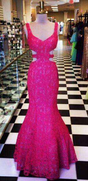 Sexy Fuchsia Lace Prom Dresses Mermaid Long Backless Evening Dresses With Straps Custom Made Real Picture Special Occasion Gown