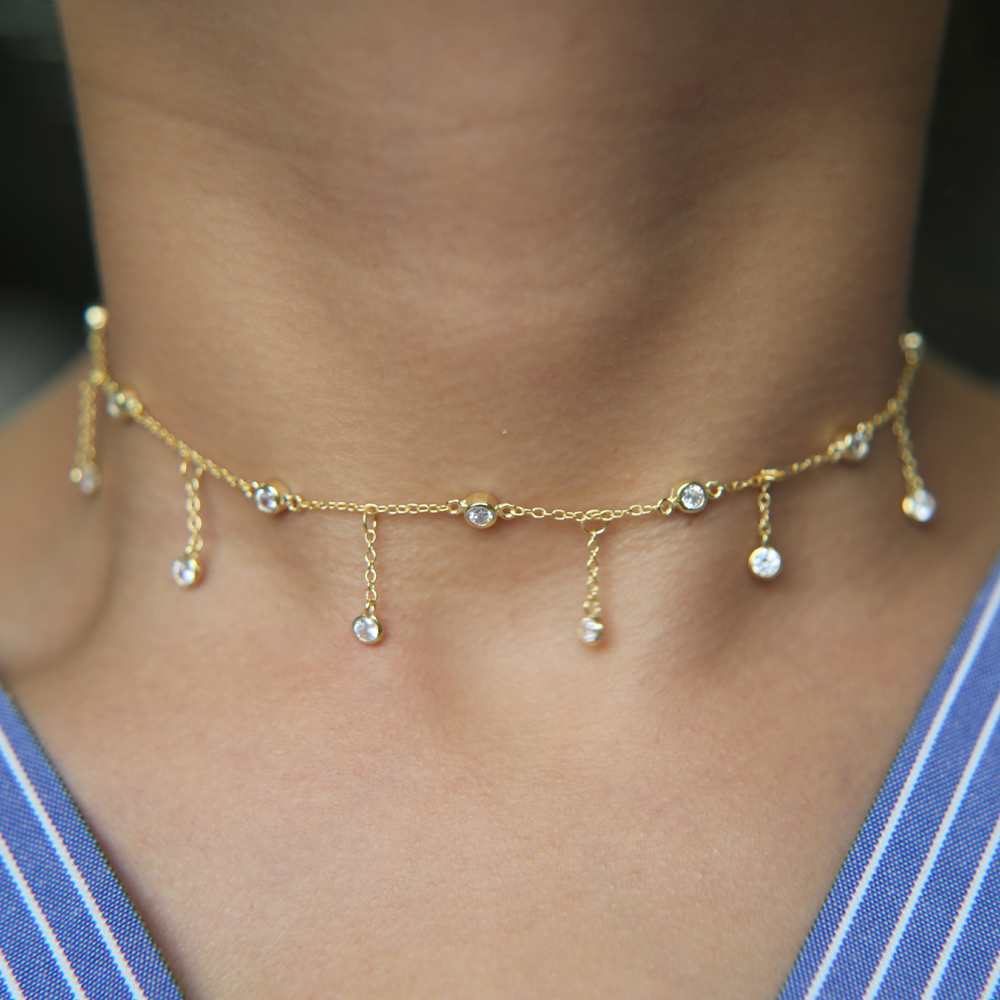 luxury fine 925 sterling silver gold plated cz station tassel chain choker statement cz women necklace