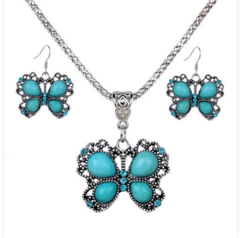 Fashion Jewelry Exaggerated Vintage National Style Turquoise Owl Gourd Butterfly Heart Necklace Earrings Jewelry Set Rhinestone Jewelry Set
