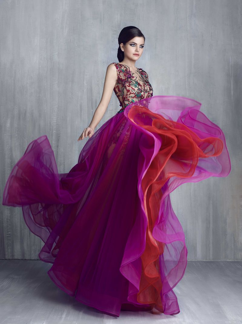 Tony Chaaya Dresses Evening Wear Sheer Jewel Neckline Beaded Evening Gonws A-Line Sweep Train Appliqued Tulle Formal Dress