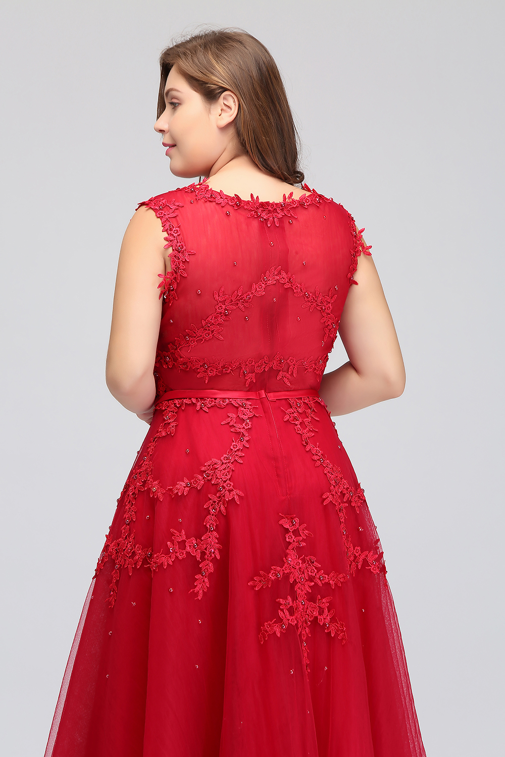 Real Image Plus Size Red Lace Long Evening Dresses Tulle Lace Beaded Floor Length Formal Bridesmaid Dresses CPS299