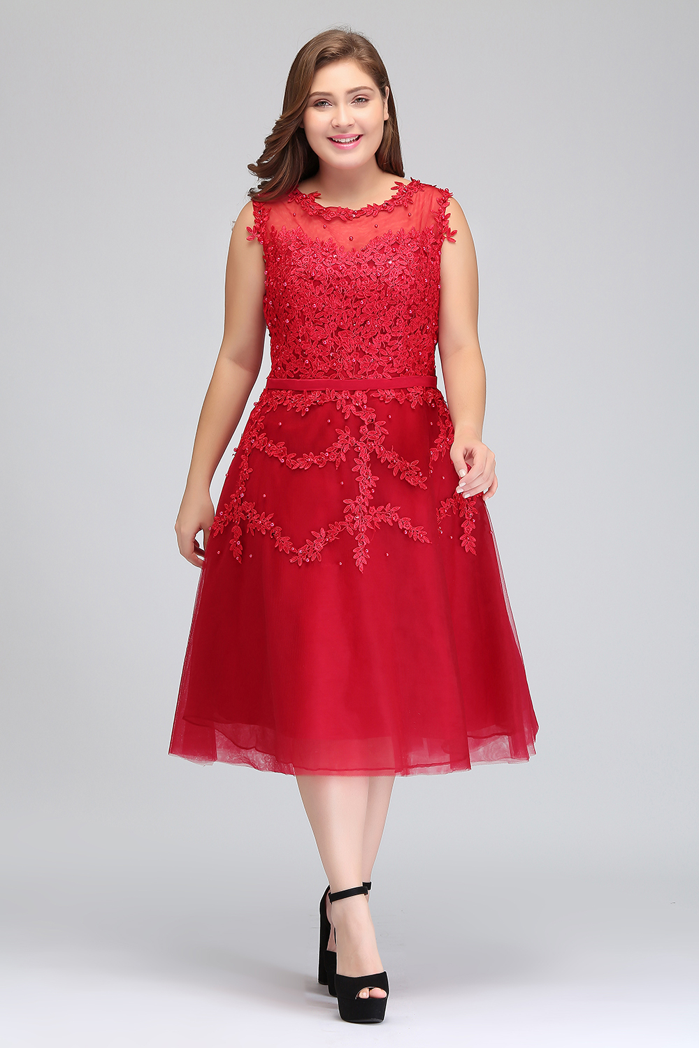 Real Image Plus Size Red Lace Short Cocktail Dresses Tulle Lace Beaded Knee Length A Line Formal Party Evening Dresses CPS298