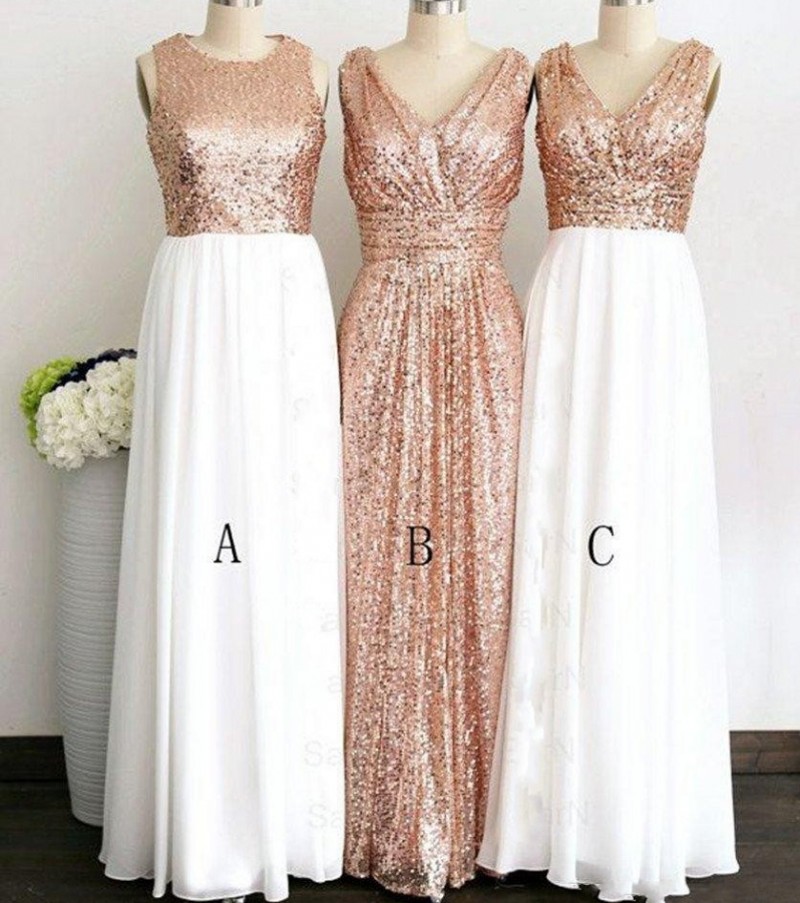 

Rose Gold Sequined Three Different Style Long Bridesmaid Dresses For Wedding Elegant Maid Of Honor Gowns Women Formal Party Dresses