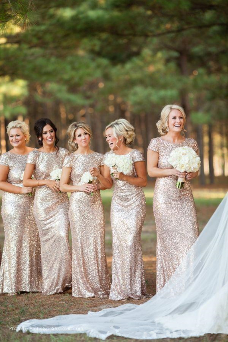 Champagne Gold Sequins Mermaid Bridesmaid Dresses 2018 Short Sleeve Backless Long Beach Wedding Party Dress Fast Shipping