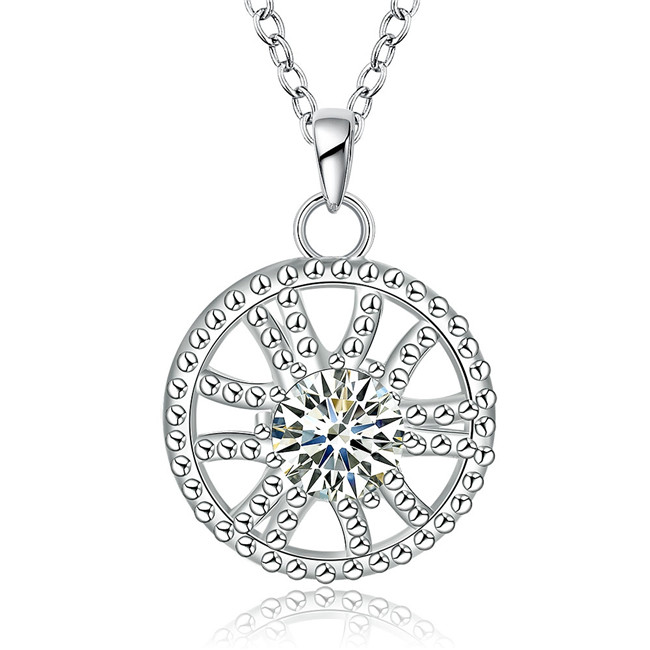 Hot sale round shape hollow Pendant necklace white gemstone sterling silver plate necklace STSN747,fashion 925 silver necklace factory