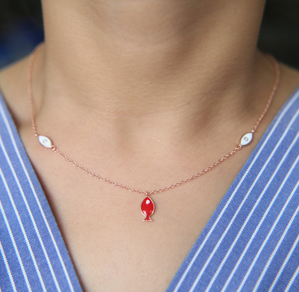 factory fine 925 sterling silver drop red enamel cute fish charm pendant delicate chain rose gold classic silver necklace 925