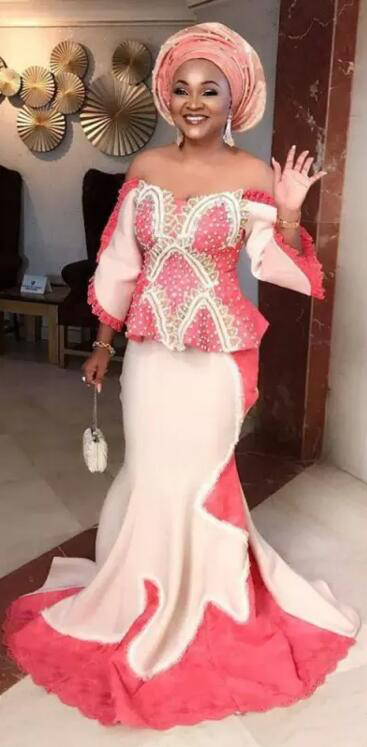 Nigerian African Mermaid Evening Dresses Plus Size Aso Ebi Beaded Evening Gowns Off The Shoulder Special Occasions Prom Dresses with Sleeves