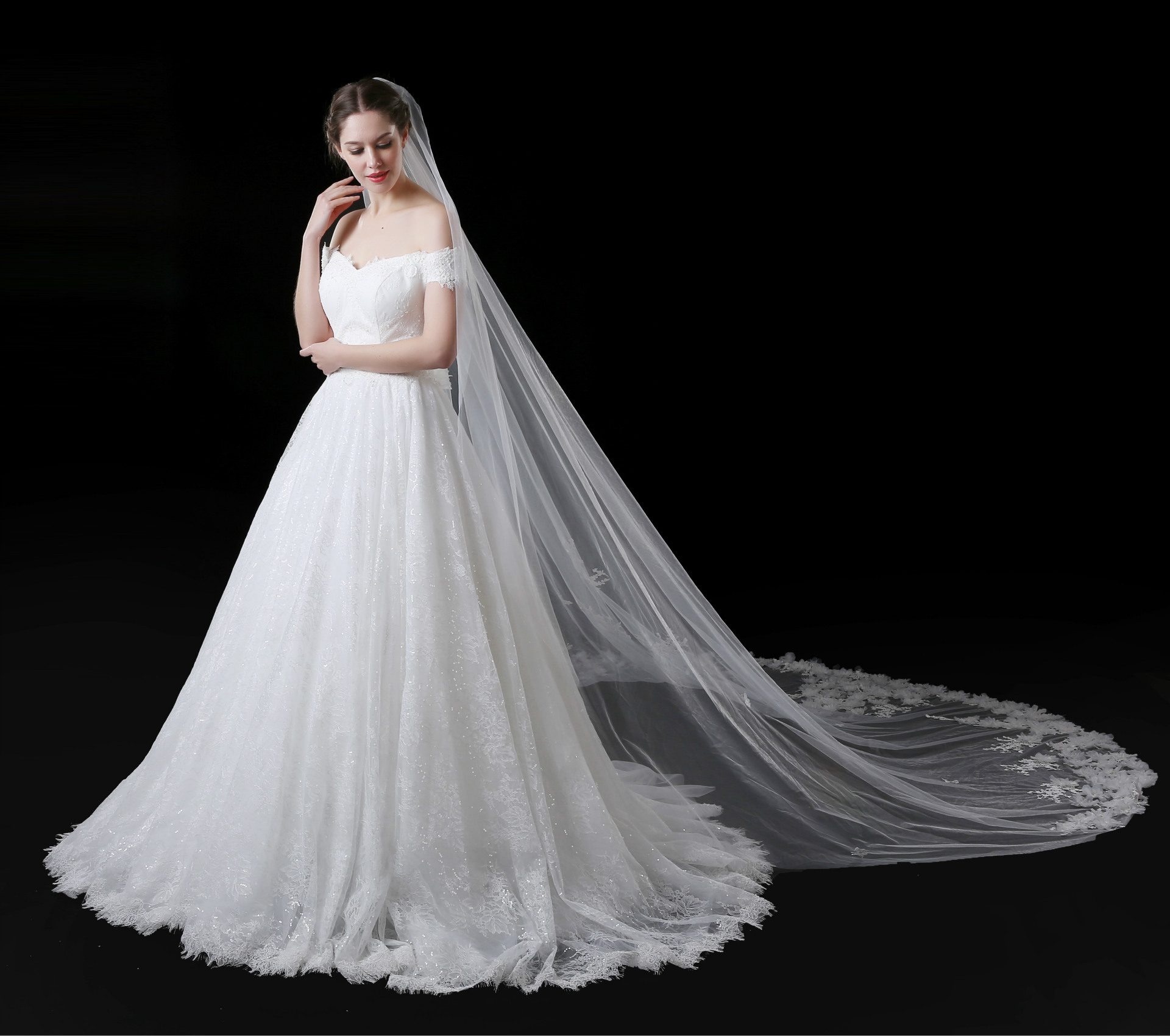 Cathedral Bridal Veils For Wedding Dress Bridal Gown 3D Flowers Soft Tulle White Ivory Tulle One Layer With Comb 5 Meters In Stock
