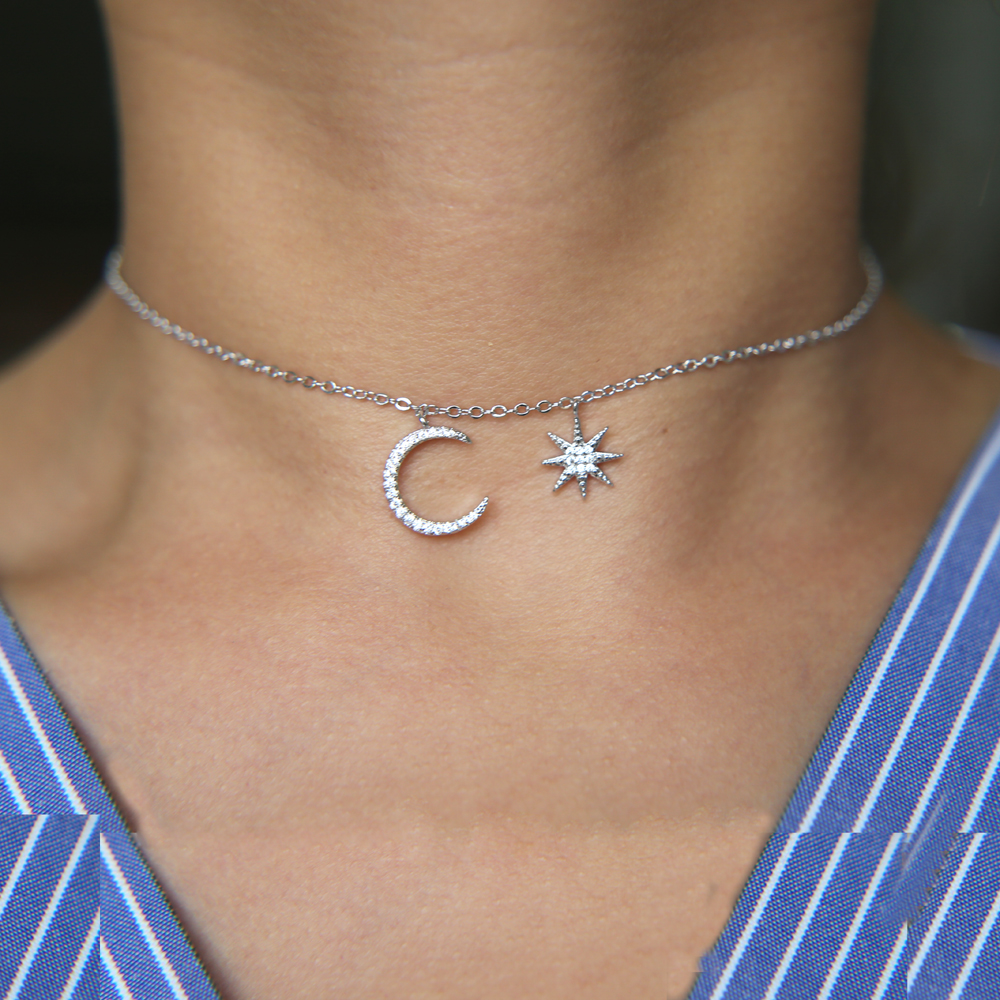fashion jewelry simple christmas design delicate chain 3 color micro pave cz sparling moon star pendant choker necklace