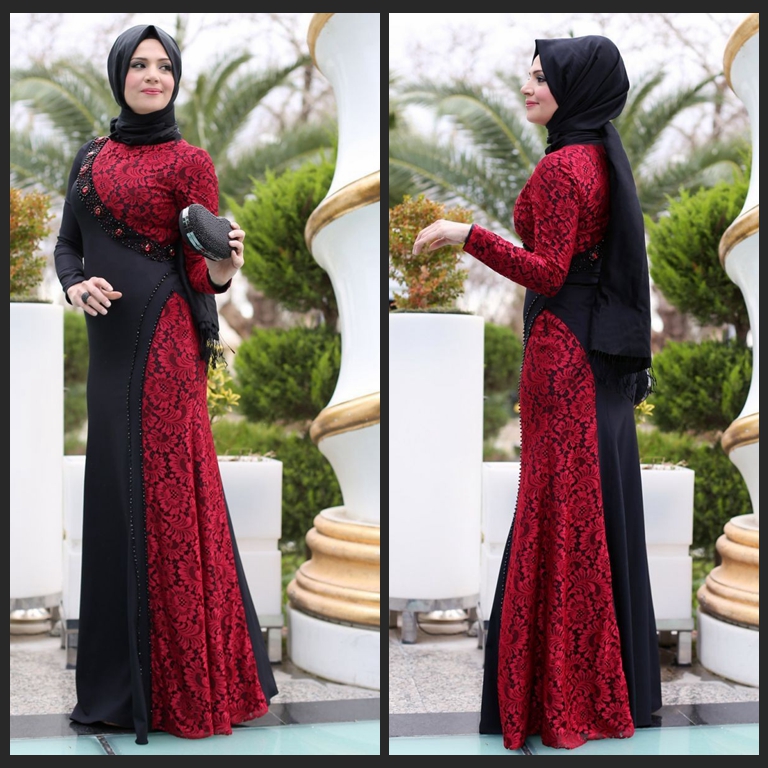 The Newest Design Black Red Long Arab Muslim Evening Dresses A Line Lace Beaded Long Sleeves Floor Length Women Party Gowns
