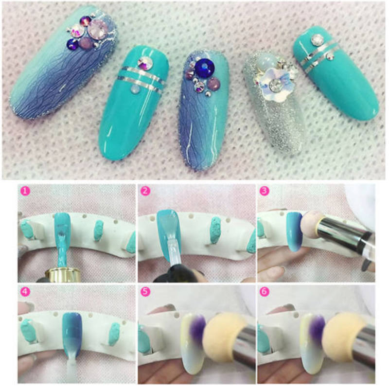 Dual head Nail Art Sponge Brush Pen Kit Rhinestone Handle Stamping Transfer Tool #R48